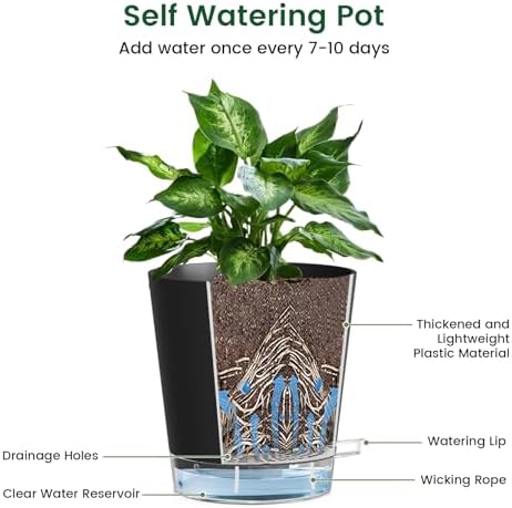 Meowell 7 inch Self Watering Pots for Indoor Plants, 5 Pack Plant Pots with Drainage Holes & Clear Reservoir for Visible Water Level, Plastic Wicking Planter Pots for House Plants and Flower, Black - Image 4
