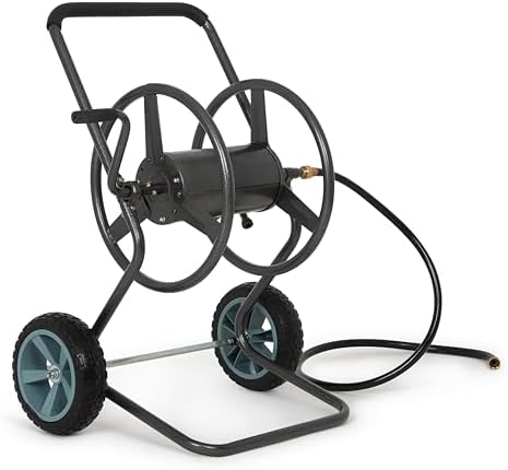 Backyard Expressions 2‑Wheel Garden Hose Reel Cart, Portable Hand‑Crank Hose Reel, Rust‑Resistant Hammertone Gray Finish, Brass Connectors - Image 2