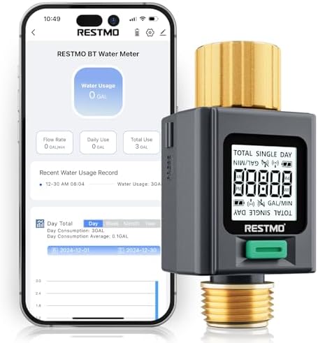 RESTMO Smart Water Flow Meter with Screen Backlight, APP Control by Restmo