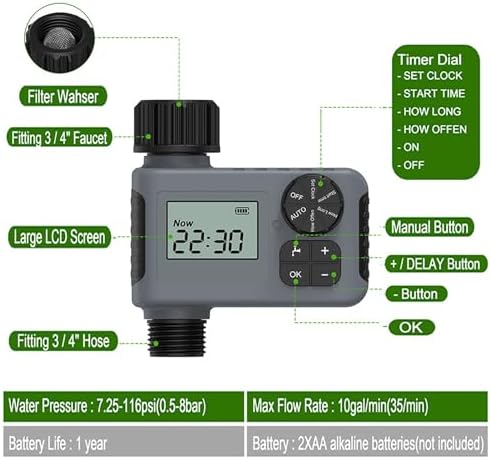 Sprinkler Timer, Programmable Hose Timer Automatic Irrigation Controller System Faucet Timer with Rain Delay/Manual Watering, Digital Irrigation Timer System for Lawns, 1 Outlet Black - Image 5