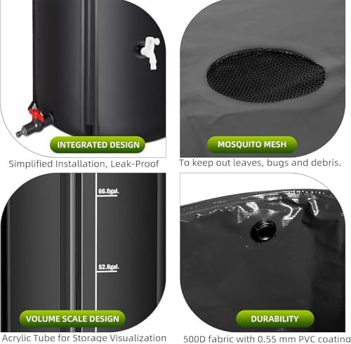 Rain Barrel, Portable Outdoor Water Storage Tank, Large Capacity Rain Water Collection Barrel with Filter Two Spigots and Overflow Kit, PVC Water Rain Catcher Barrel(Green,50 * 90cm) - Image 3