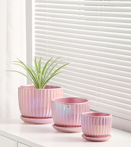 Pink Plant Pots，Ceramic Planters with Drainage Holes and Saucers Set of 3 - Image 5