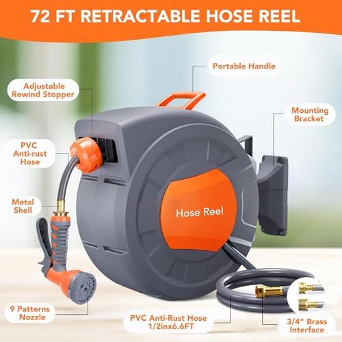 Heavy Duty Retractable Garden Hose Reel – 1/2" x 65FT Wall Mounted Water Hose with 9-Function Sprayer Nozzle, 180° Swivel Bracket, Automatic Rewind, Any Length Lock - Image 5