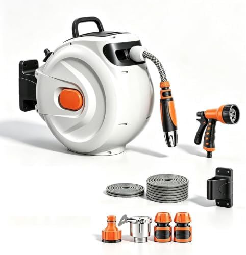 Wall-Mounted Retractable Garden Hose Reel with Sprayer by Unknown