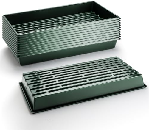 RooTrimmer 10 Pack 1020 Trays No Holes-Reusable Nursery Flats for 50/72 Cell Plug Tray, Heavy Duty Seed Starter Trays for Transplant, Seed Starting, Plant Propagation & Seed Germination (Dark Green) by RooTrimmer