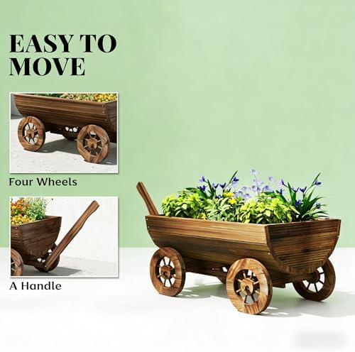 Wooden Wagon Garden Planter with Wheels, 45 Inch, Carbon - Image 4