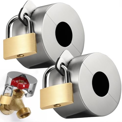 Outdoor Faucet Lock, 2 Pack Water Hose Bib Spigot Locks Stainless Steel Cover & Brass Padlock Kits for 1-1/2 to 3 Inch Dia Valve Handles to Prevent Garden Faucets and Outside Water Thefted by GNELLKOOR
