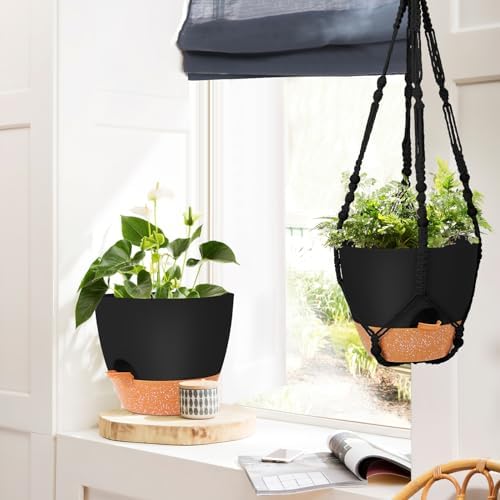 GARDIFE 10 Inch Hanging Planters with Macrame Plant Hanger for Indoor and Outdoor Plants, 2 Pack Large Self Watering Hanging Plant Pot with Basket Flower Pot with Drainage Hole, Black - Image 6