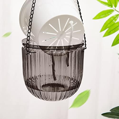 Meanplan 4 Pcs Self Watering Hanging Planter Indoor 6.5 Inch Hanging Baskets for Plants Outdoor Plastic Flower Pot with 3 Hooks Chains Drainage Holes for Garden Home, Medium Size(Gray) - Image 3