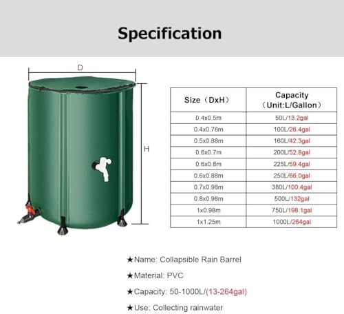 200L PVC Rain Barrel for Rainwater Collection, Portable Gutter Catcher Tank with Spigot, Eco-Friendly Green Water Storage Solution (52.8 Gallon, 0.6x0.7m) - Image 2