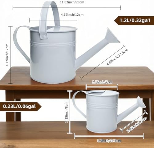 Small Metal Watering Can Set, Pink, 1.2L and 0.23L Garden Cans with Long Spout, Indoor Outdoor Plant Care (White) - Image 2