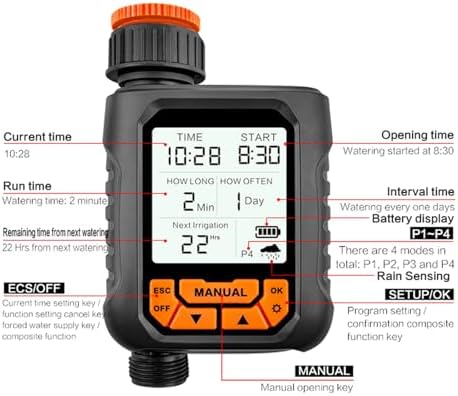 Yosoo Sprinkler Timer, Programmable Outdoor Water Timer for Garden Hose with Large LCD Screen and Rain Sensor, Automatic Irrigation for Yard Lawn with 4 Watering Programs (with Rain Sensor) - Image 3