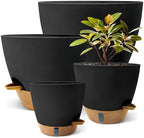 12"/10"/9"/8" Self Watering Pots with Visual Water Window,Extra Large Self Watering Plant Pots with Drainage Holes & Saucers,Black Planters for Indoor Plants,4-Pack by MNKXL