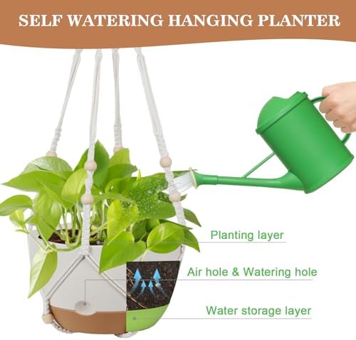 3 Pack Hanging Pot for Indoor Plants, 10inch Self-Watering Hanging Planter, Macrame Plant Hanger with Pot, Metal Chain, S & Ceiling Hooks, Removable Saucer and Drainage Holes for Garden Home - White - Image 5