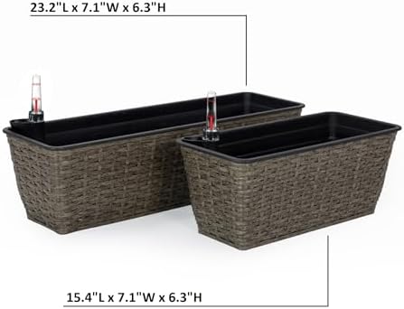 2-Pack Self-Watering Planter - Hand Woven Wicker - Rectangular - Dark Gray - Image 5