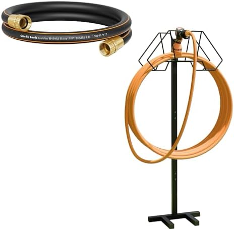 Giraffe Tools Leader Hose 6ft x 5/8", Short Water Hose for Hose Reel Connecting, Lightweight and Garden Hose Holder- Heavy-Duty Freestanding Metal Stand, Holds 150FT Hose with 4 Spikes by GiraffeTools