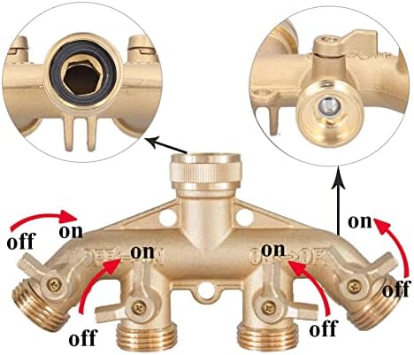 Brass Garden Hose Splitter (4 Way), Solid Connector NPT 3/4，Brass Connector Hose Spigot Adapter 4 Valves with 4 Extra Rubber Washers - Image 2