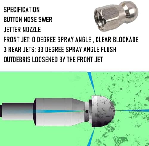 Hourleey Sewer Jetter Kit for Pressure Washer 200FT, 4000 PSI Drain Cleaner Hose 1/4 Inch NPT, Corner Rotating and Button Hose Sewer Jetting Nozzle Pearl Corsage Pin Tape Handle Strap Spanner, Green - Image 2