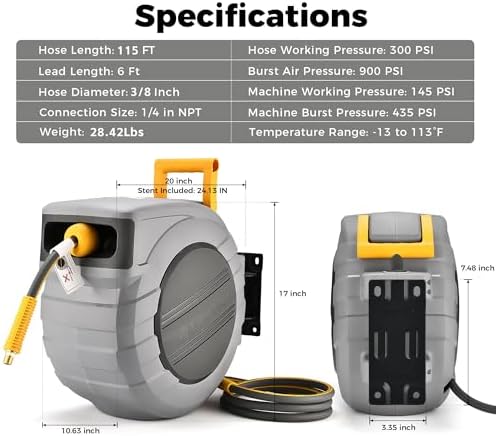 GLAHODEN Retractable Air Hose Reel, 3/8 in x 115 Ft Hybrid Hose Air Compressor Hose Reel with 6 Ft Lead in Max 300 PSI Patented Design for Any Length Lock 180°Swivel Bracket Quick Coupler - Image 6