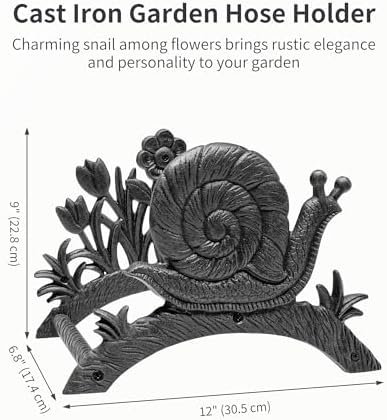 Cast Iron Garden Hose Holder Wall Mount, Rustic Heavy Duty Water Hose Hanger Storage Rack, Decorative Vintage Hose Reel Organizer for Outside Garden Yard Patio, Snail and Floral Design - Image 2