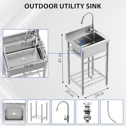 24"x20"x41" Stainless Steel Utility Sink, Freestanding Single Bowl with Hot & Cold Water Faucet, Commercial Kitchen Laundry Bathroom Garage Garden Sink - Image 2