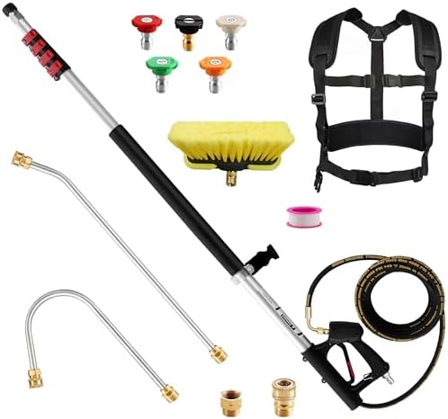 Telescoping Pressure Washer Wand 24 ft Pressure Washer Extension Wand 24 Feet Power Washer Extension Wand Aluminum with Brush Head,Gutter Cleaner, 5 Spray Nozzle Tips, 2 Hose Adapters, Support Belt by YLWSHRNT