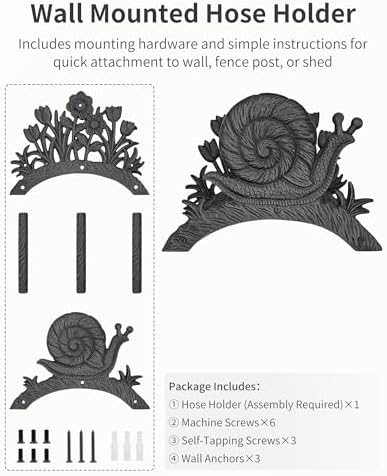 Cast Iron Garden Hose Holder Wall Mount, Rustic Heavy Duty Water Hose Hanger Storage Rack, Decorative Vintage Hose Reel Organizer for Outside Garden Yard Patio, Snail and Floral Design - Image 3