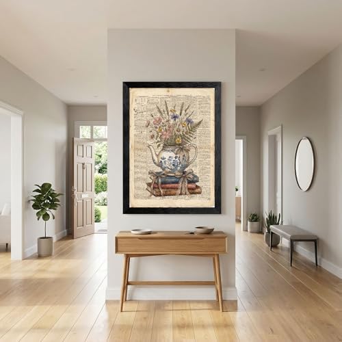 Framed Canvas Wall Art Vintage Teapot and Wildflowers Earthy Sepia Watercolor Book Page Canvas Print Poster Black Frame Wall Decor for Kitchen Bedroom Cottagecore Art, Rustic Decor - 16x20 Inch - Image 4