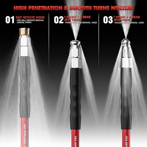Sewer Jetter Kit for Pressure Washer – 200ft Water Jet Drain Cleaning Hose 5800PSI 1/4 Inch NPT Corner with Sewer Cleaning Tool High Pressure Nozzles and Spanner Waterproof Tape - Image 3