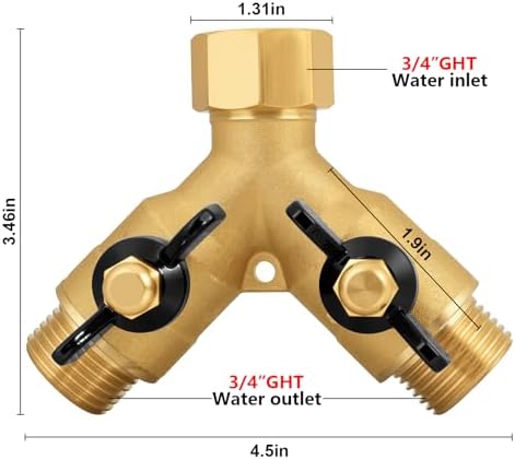 SIGURANTA Heavy-Duty Brass 2-Way High-Flow Garden Hose Splitter, Outdoor Faucet Y-Valve Diverter Connector with Butterfly Handle, Full-Flow Water Hose Adapter (Valve butterfly handle - 2-piece) - Image 2