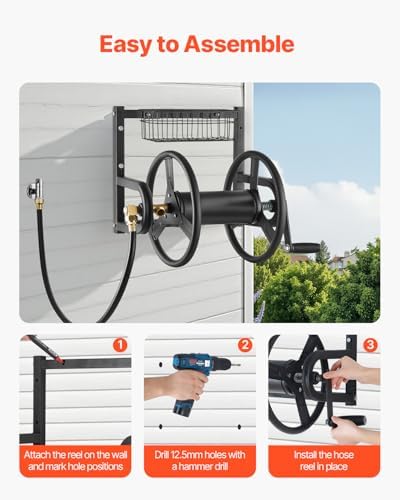 VEVOR Wall Mounted Garden Hose Reel, Holds 125 ft 5/8-inch Hose, Heavy-Duty Water Hose Winder, Space-Saving Design, Outdoor Manual Reel with Brass Fitting and Storage Basket for Yard Lawn - Image 6