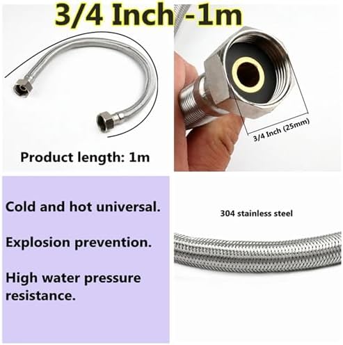 1 PC 1/2, 3/4 Inch 304 Stainless Steel Braided Hose Cold Hot Water Pipe Toilet Faucet Connection Pipe Garden Water Connection, 3/4inch, 1m - Image 2