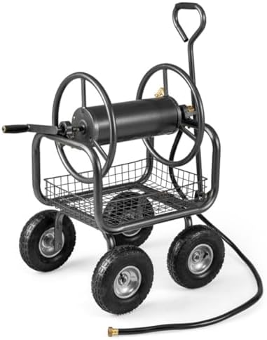 Garden Hose Reel Cart with 4 x 10" Pneumatic Wheels, Heavy-Duty Metal, Holds 300 ft, Crank Handle, Storage Basket by Unknown