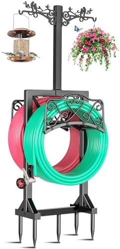Garden Hose Holder for Outside,Water Hose Holders with 2 Bird Statue Shepherds Hooks & 5 Spikes,Double-Sided Freestanding Hose Stand Heavy Duty Hose Storage Rack for Outdoor Yard Lawn Farm by ODSNANIE