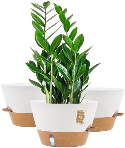 12 Inch Self Watering Pot with Visual Water Window, Drainage Holes & Watering Lip, Set of 3 Large Plastic Planters for Indoor Outdoor Plants, Modern Decorative Flower Pot (White) by FIASON