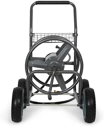 Backyard Expressions 4‑Wheel Garden Hose Reel Cart with Storage Basket, Hand‑Crank Rewind, Rust‑Resistant Hammertone Gray Finish, Brass Connectors - Image 3