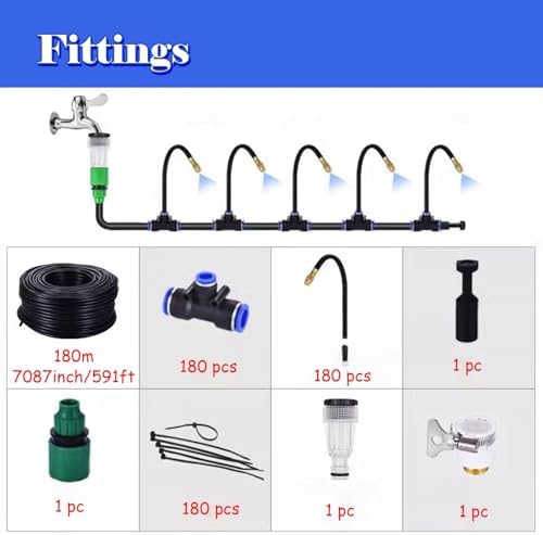 Outdoor Cooling Mist Kit for Patio Backyard Heat Relief, with Brass Nozzles/High Pressure Hose, 360° Adjustable Water Flow Bendable(180m/7087in) - Image 2