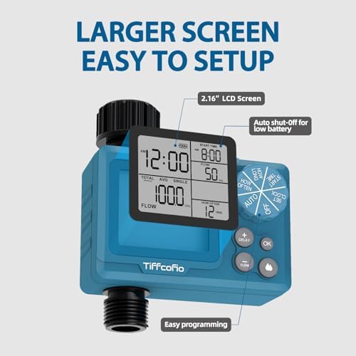 TiFFCOFiO Programmable Water Volume Control Sprinkler Timer, Water Duration Control Hose Timer with Water Meter, Auto and Manual Watering for Irrigation, Garden and Drip System - Image 2