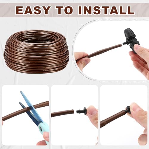 Nuanchu 328 ft 1/4 Inch Drip Irrigation Tubing Hose with 6" Emitter Spacing Watering Tube Line Kit with 6 Pcs 3-way Connectors 20 Pcs 1/4" Couplings 30 End Plugs for Garden Irrigation System, Brown - Image 3