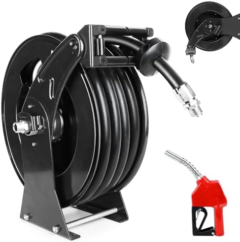 3/4" x 50ft Diesel Fuel Hose Reel Black, Heavy Duty Retractable Hose Reel Spring Driven Auto Swivel 300PSI Fuel Line Transfer Hose with Fueling Nozzle for Tank Truck Trailer Boat Cart by FADHOLE