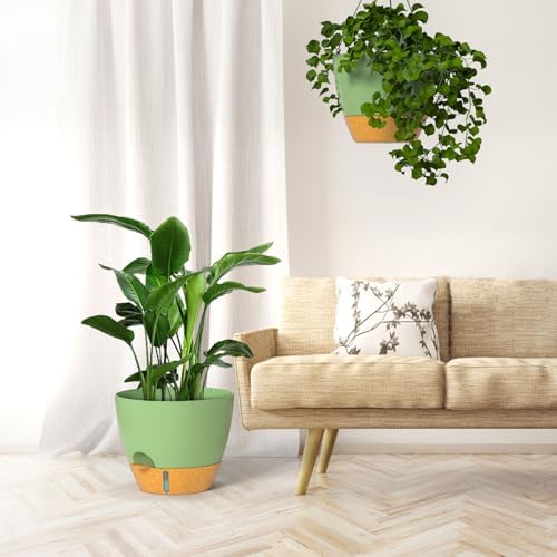 ZMTECH 12 Inch Hanging Planters for Indoor Outdoor Plants, 2 Pack Self Watering Hanging Plant Pots with Drainage Hole, Visual Reservoir, Plastic Flower Hanging Pots with Watering Lip (Green) - Image 6
