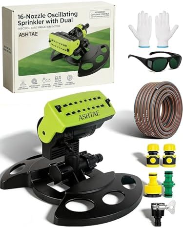 2026 Upgraded 16-Nozzle Oscillating Sprinkler with Dual-Zone Sprinkler Water Timer Heavy Duty Yard Irrigation Adjustable Rotating Lawn Coverage Tool for Outdoor Plants Automatic(1PC Green) by Unknown