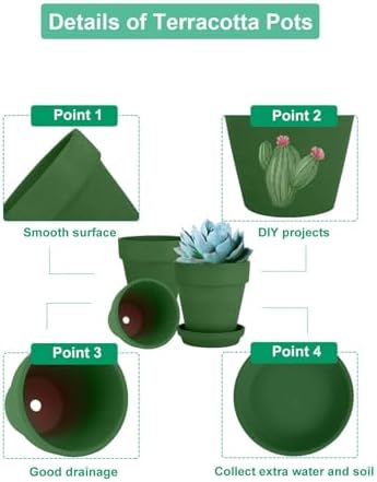 vensovo 4 Inch Small Green Terracotta Plant Pots with Saucer - 6 Pack Clay Flowerpots with Drainage, Great for Indoor Outdoor Plants, Crafts, Wedding Favor - Image 3