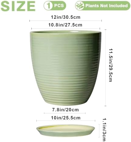 12 Inch Pots for Plants - Round Ceramic Planter with Drainage Hole and Plant Saucer for Flower Indoor Outdoor, Modern Room Office Home Garden Decor, House Warming Gifts, Green - Image 3