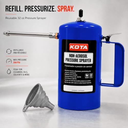 LAUCO Non Aerosol Pressure Sprayer - Refillable Pressurized Sprayer Bottle for Oil, Solvent, Degreasers, Lubricants - Rechargeable Steel Canister with Brass Nozzles, 32oz. (1, Blue) 69533 - Image 7