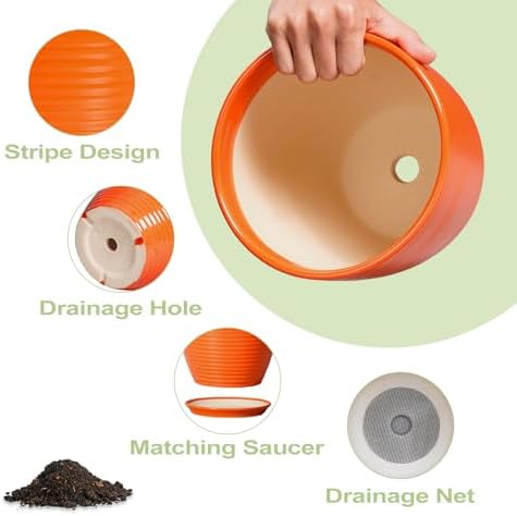 10 Inch Plant Pot, Ceramic Planters for Plants with Drainage and Saucer, Orange - Image 5