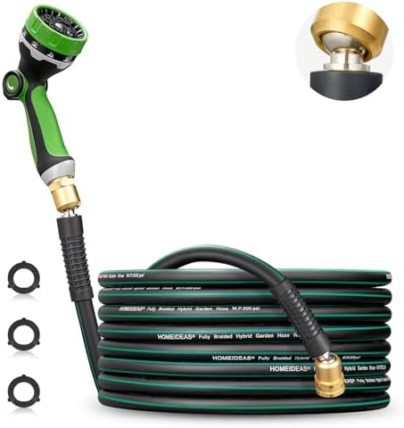 HOMEIDEAS 25 ft Rubber Garden Hose with Nozzle - Newly Leak-proof & Kink-free Design | Freely Rotational Spherical Ball Joint, Anticorrosive 3/4" Brass Fittings - Perfect for Outdoor Watering by HOMEIDEAS