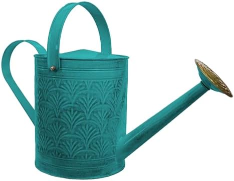 Headwind Aurora 2 Gallon Metal Watering Can, Large Watering Can Outdoor for Garden Plants, Brass Rose Shower Head, Vintage Embossed Galvanized Steel – Surf Blue by Headwind