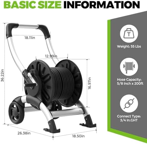 Upgrade Hose Reel Cart, Holds 200 Feet of 5/8" Hose, Hose Reel Cart With Effort-saving Hand Crank,2 Wheels,Heavy Duty Freestanding Water Hose Reels for Outside Garden Lawn Yard Outdoor - Image 3