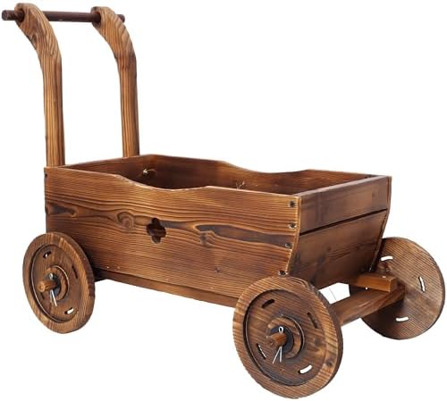 Wooden Wagon Planter with Wheels and Handle, 26.5 Inch, Brown - Image 5